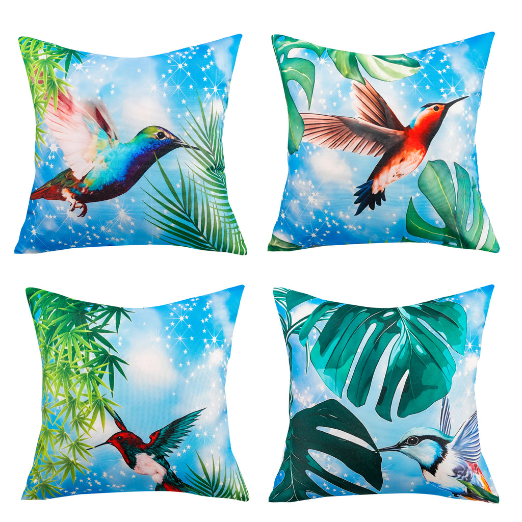 Set of 4 colourful bird print waterproof cushion covers for indoor and outdoor use.