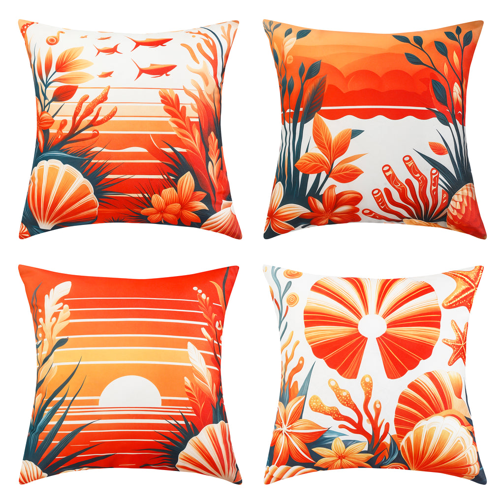 Marine-themed waterproof cushion covers with seashell and starfish designs