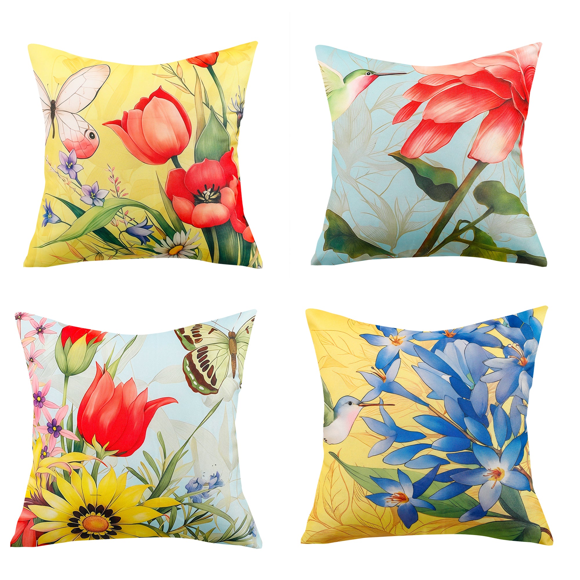 Colourful flower and bird print waterproof cushion cover for indoor and outdoor use.