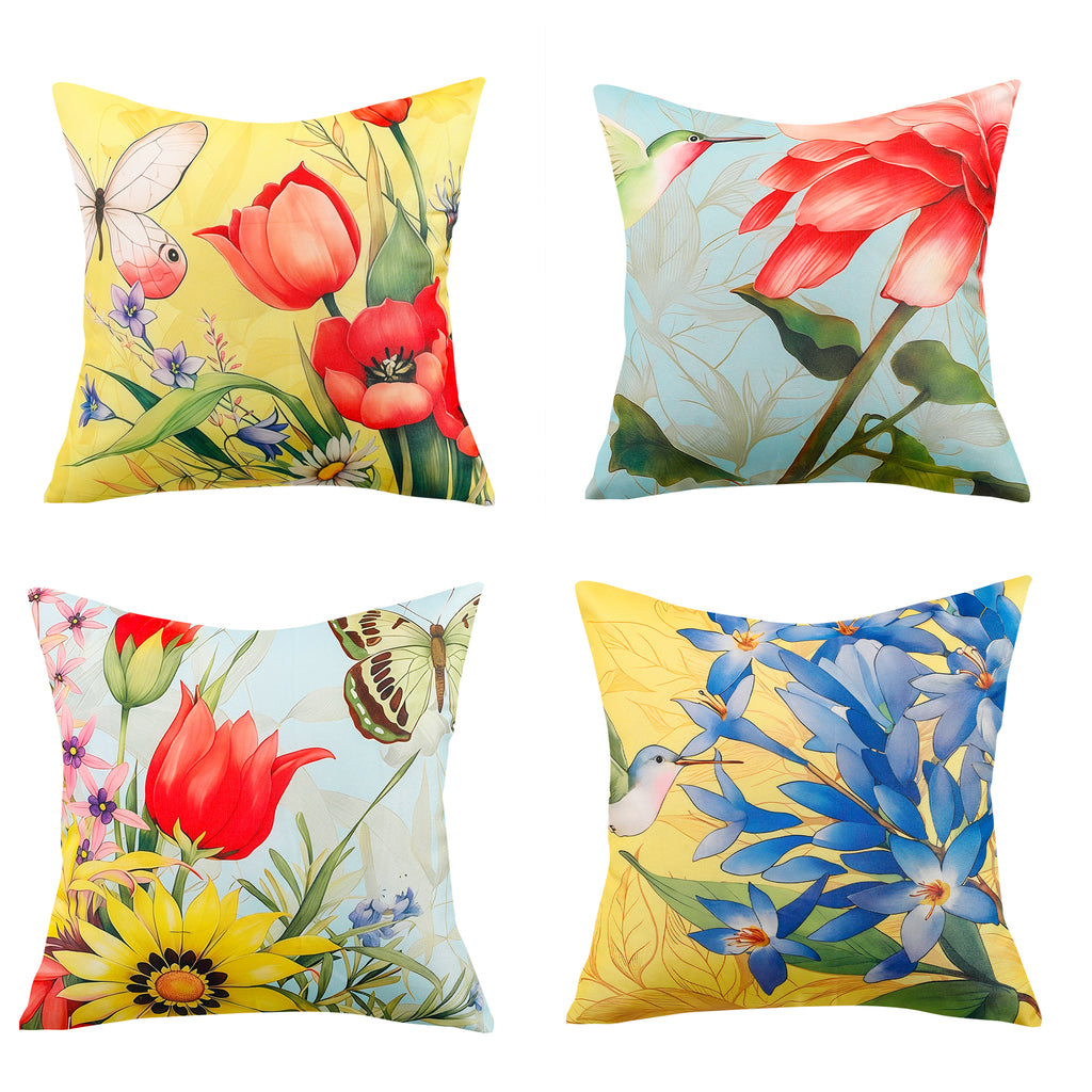 Colourful flower and bird print waterproof cushion cover for indoor and outdoor use.