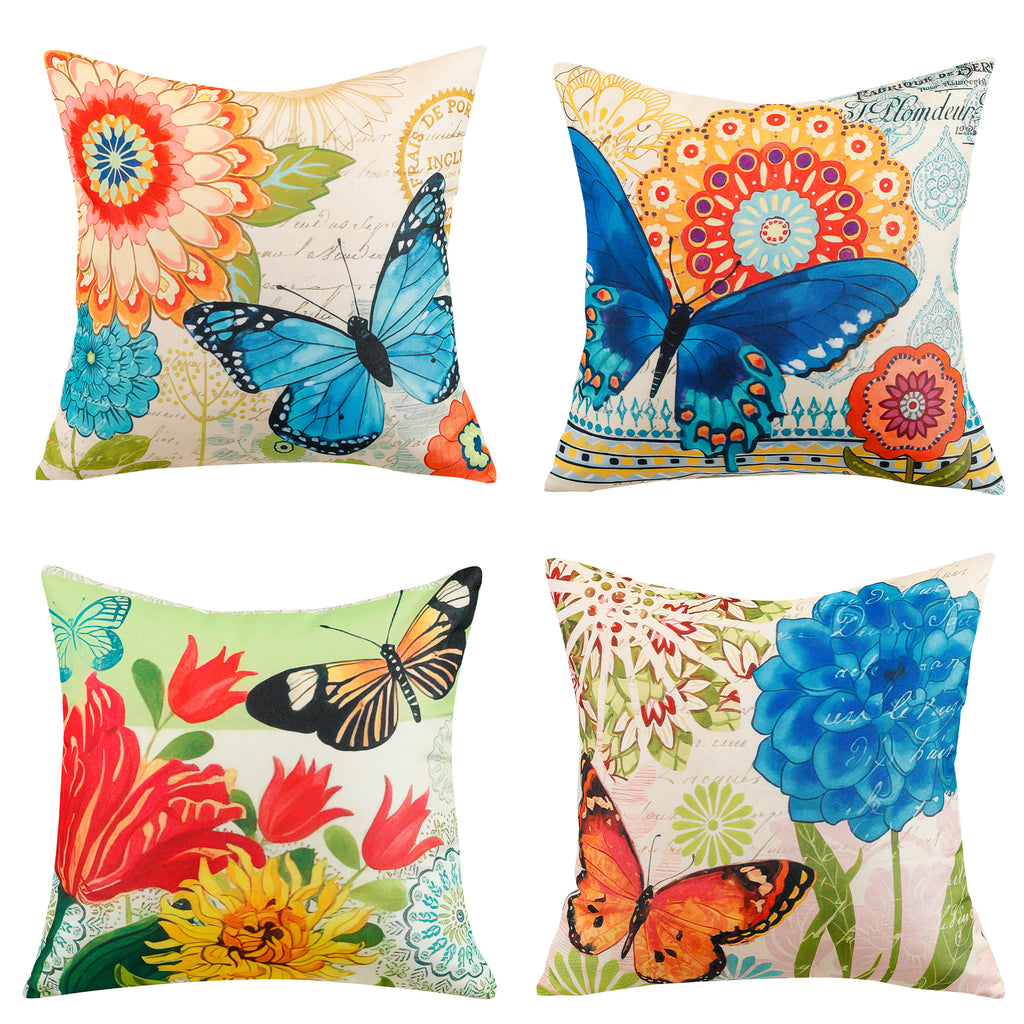 Colourful flower and butterfly print waterproof cushion cover for indoor and outdoor use