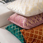 Load image into Gallery viewer, Elegant velvet pillow cover featuring a gold scale pattern with orange and green accents, 45x45 cm
