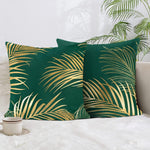 Load image into Gallery viewer, Green decorative square cushion cover with a luxurious gold leaf pattern on soft velve

