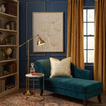 Load image into Gallery viewer, Metallic gold and cream velvet throw pillow on a deep teal velvet chaise lounge in a luxury living room setting
