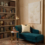 Load image into Gallery viewer, Close-up texture of shiny metallic gold foil pattern and piped edge on soft velvet cushion cover
