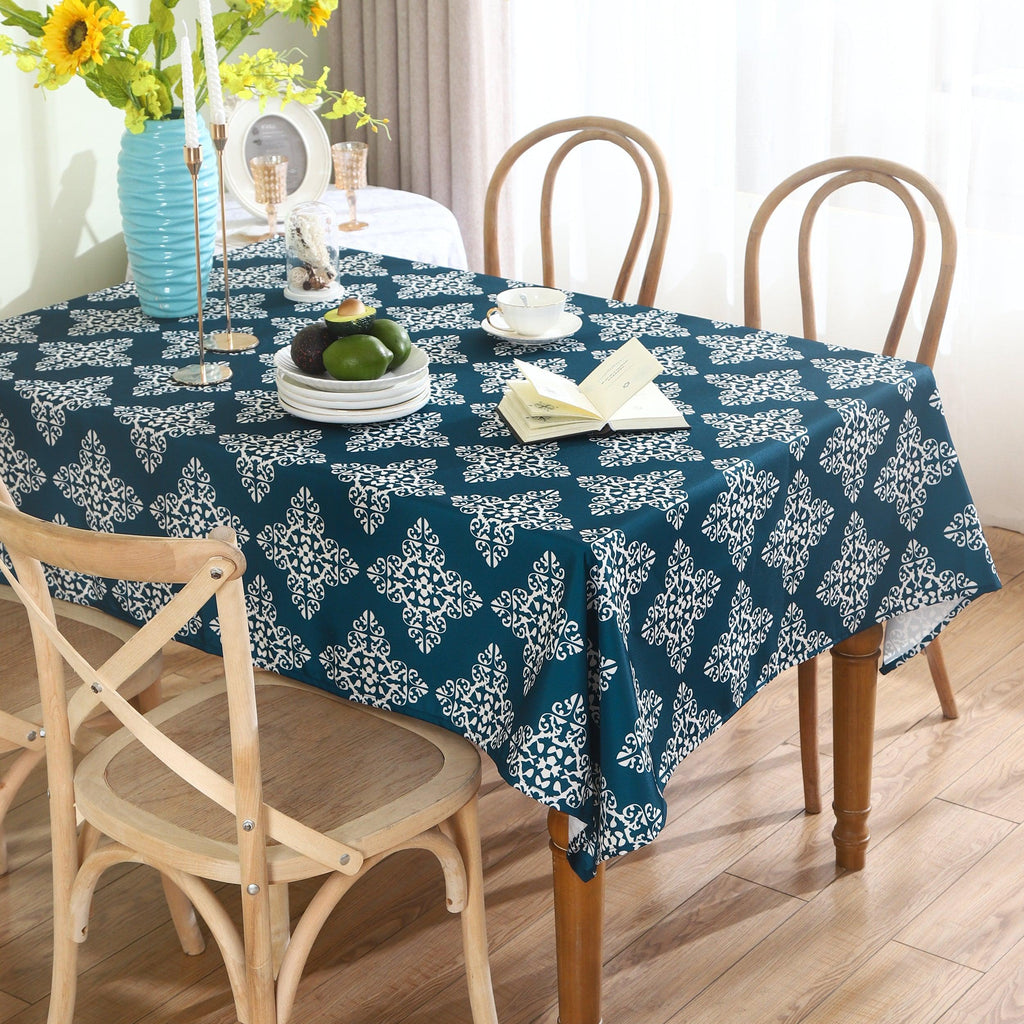 Water-resistant table cloth for indoor and outdoor dining use.