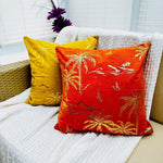 Load image into Gallery viewer, Orange luxury velvet pillow cover with gold stamped palm tree design, 45x45 cm

