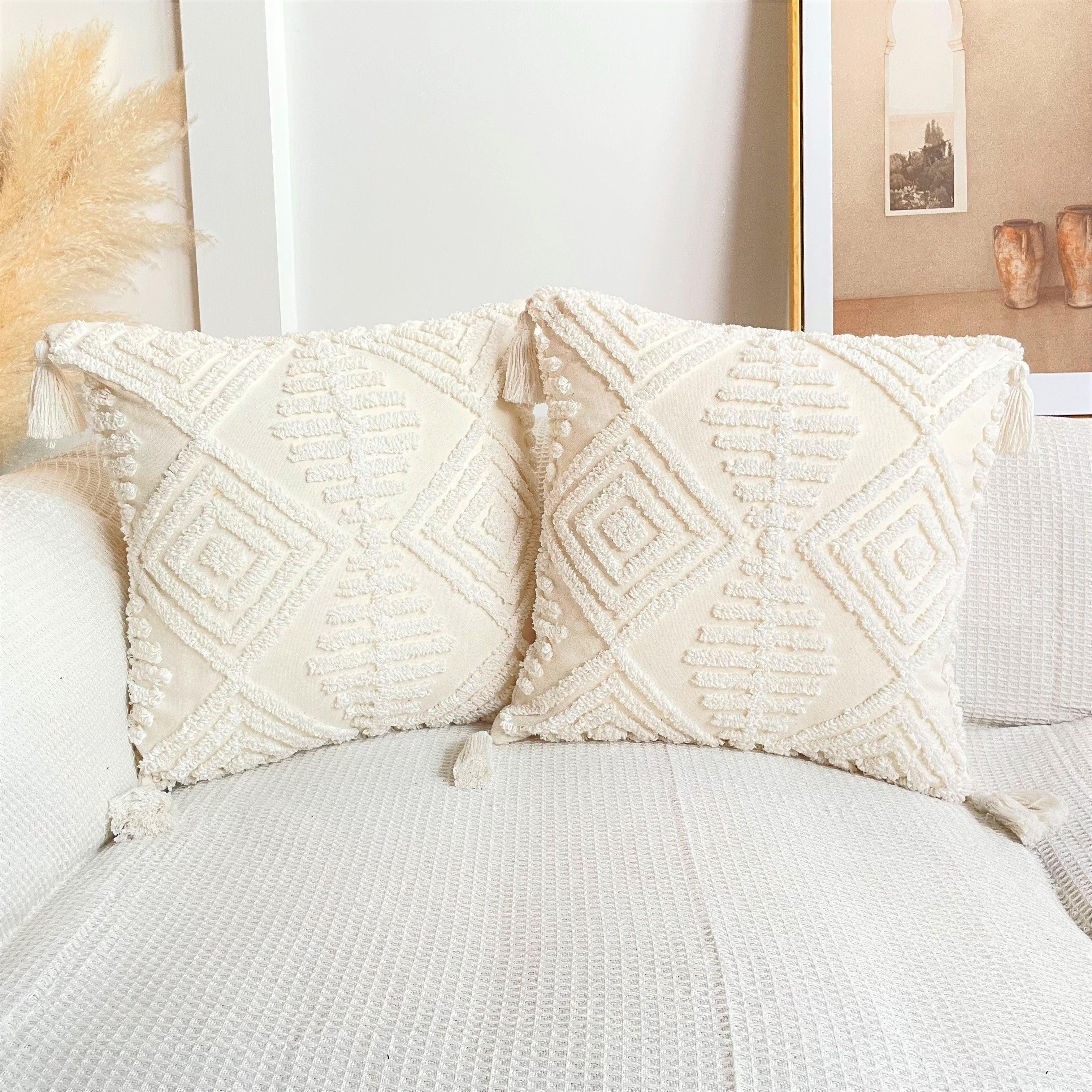 Close-up of custom boho tassel style cushion cover for living room decor
