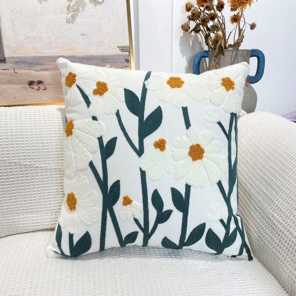 Pure cotton flower pattern cushion cover with boho tassel style and tufted design, 45x45cm (18x18 inches)