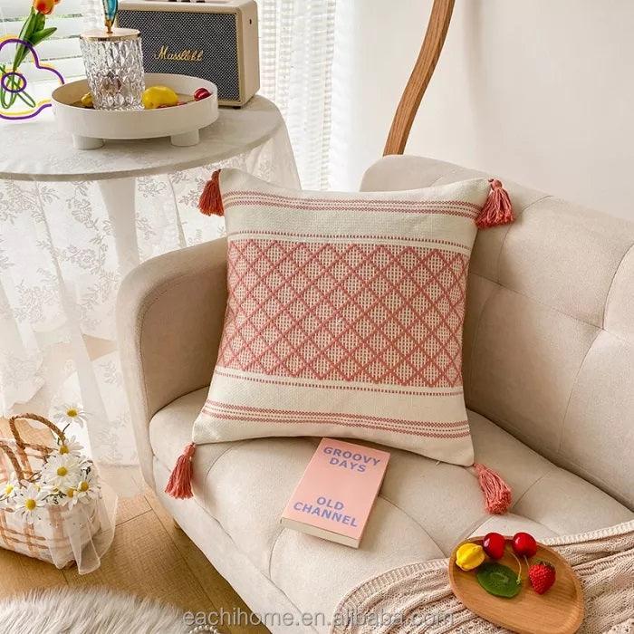 Moroccan Boho Tassel Cushion Cover | Woven Tufted Design - 45x45cm Home Décor