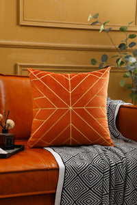 Elegant orange velvet pillow cover featuring intricate gold embroidery, 45cm x 45cm