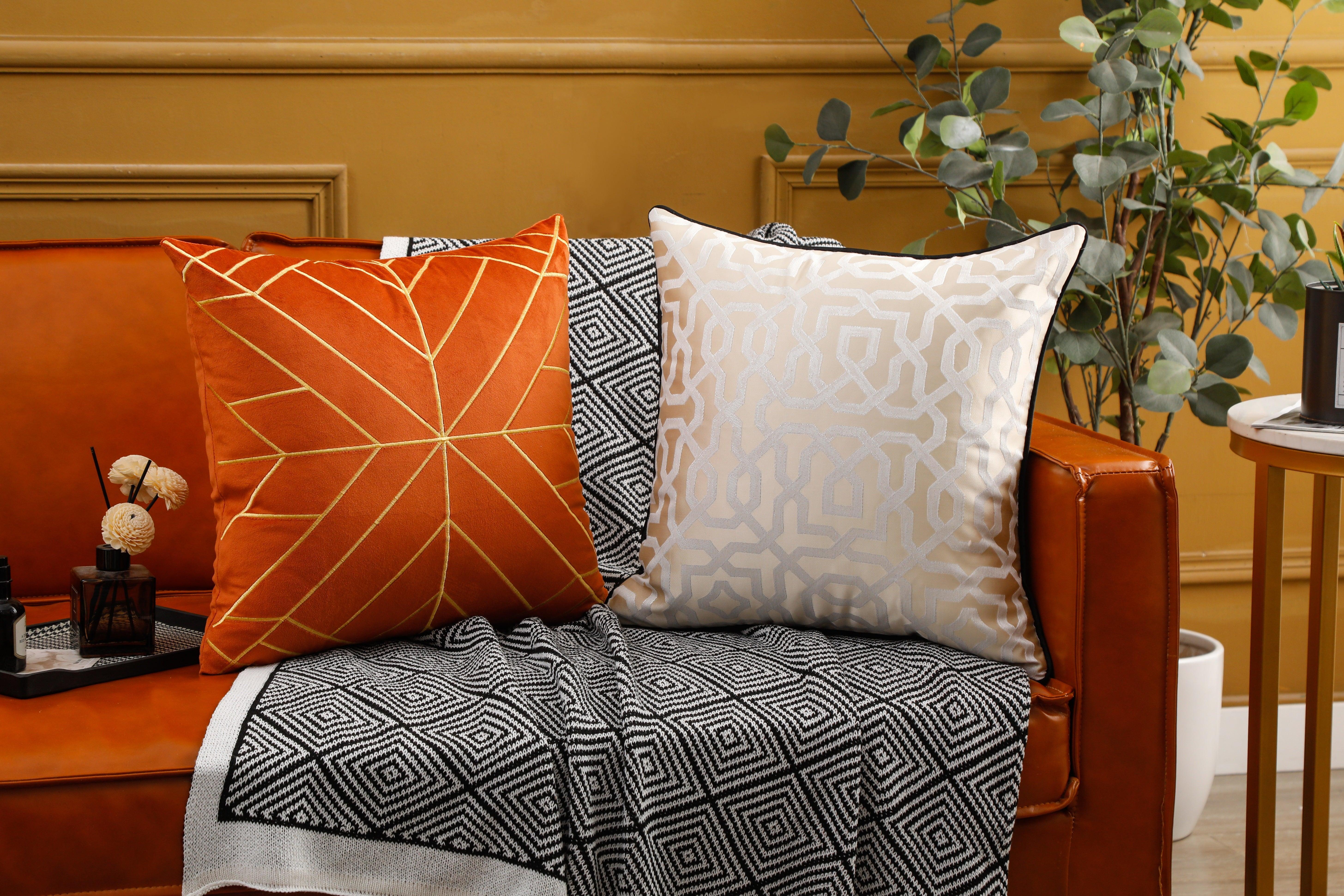 Gold Embroidery Velvet Cushion Cover (18x18" - 45x45 cm) - Orange Colour
