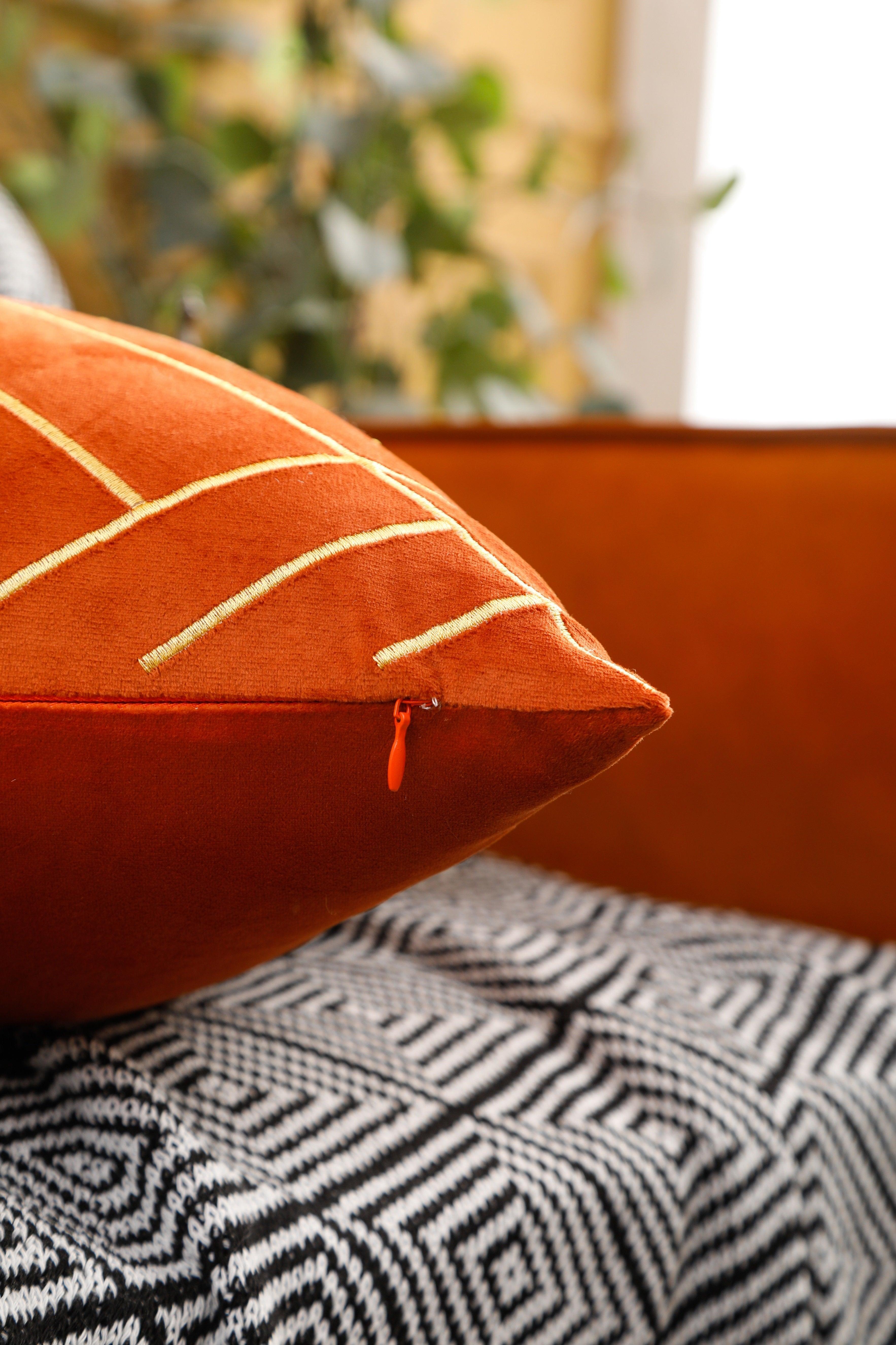Gold Embroidery Velvet Cushion Cover (18x18" - 45x45 cm) - Orange Colour