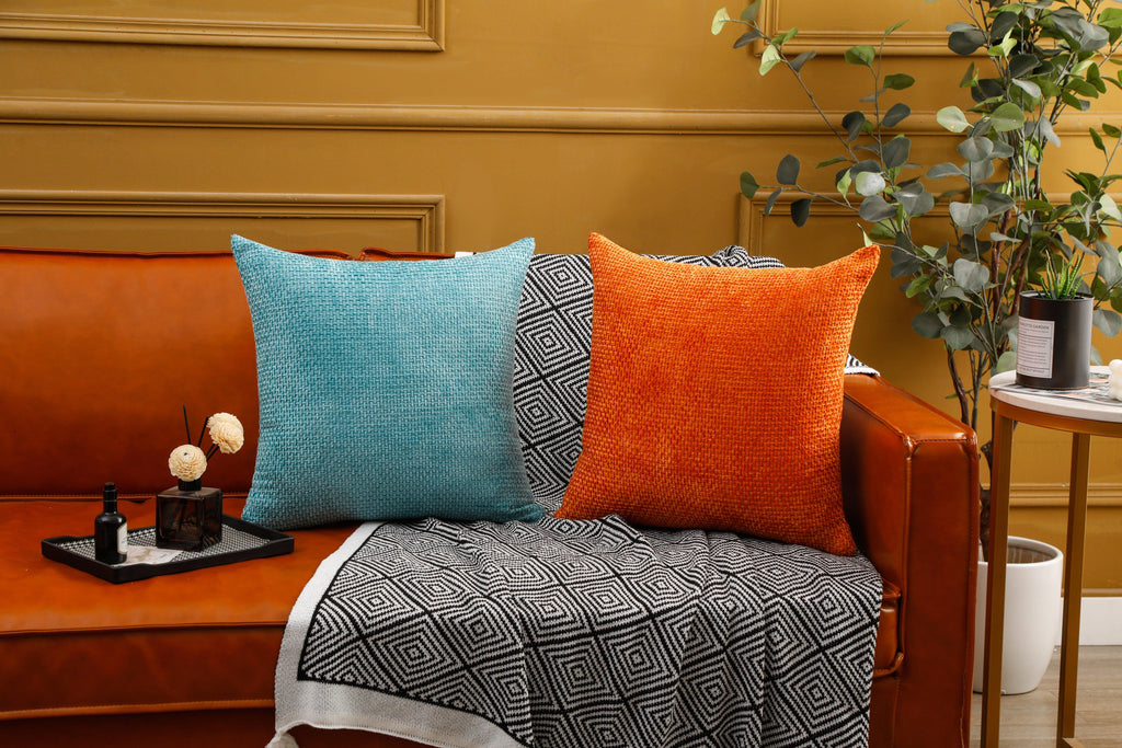Orange and Blue solid pattern chenille cushion cover 45cm x 45cm (18x18 inches) for home decor