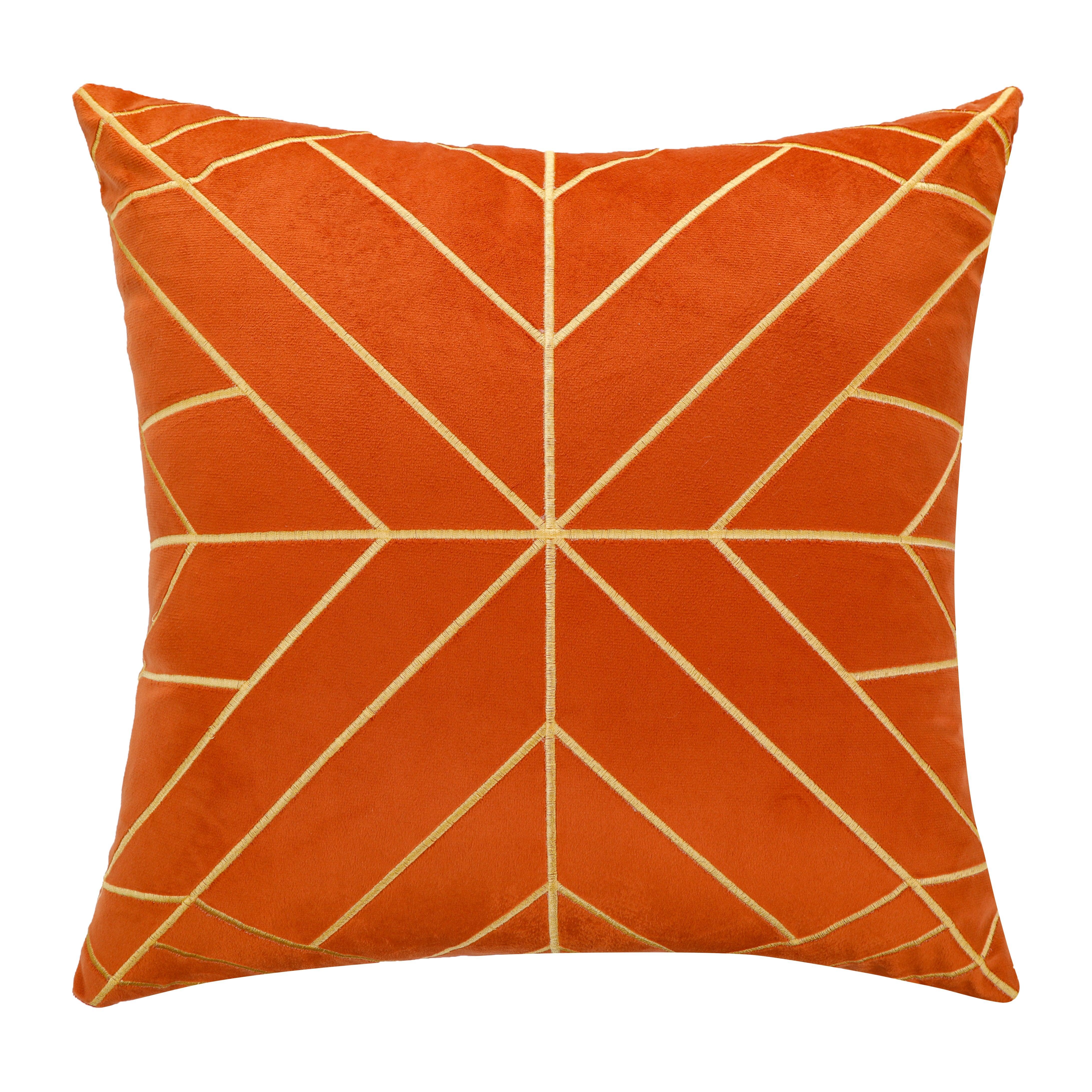 Gold embroidery velvet cushion cover in orange, size 18x18 inches (45x45 cm)