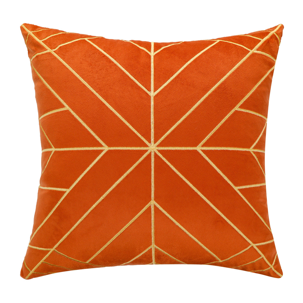 Gold embroidery velvet cushion cover in orange, size 18x18 inches (45x45 cm)