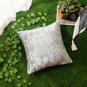 Luxurious Silver Grey Velvet Cushion Cover featuring a Metallic Geometric Pattern, 45x45 cm.