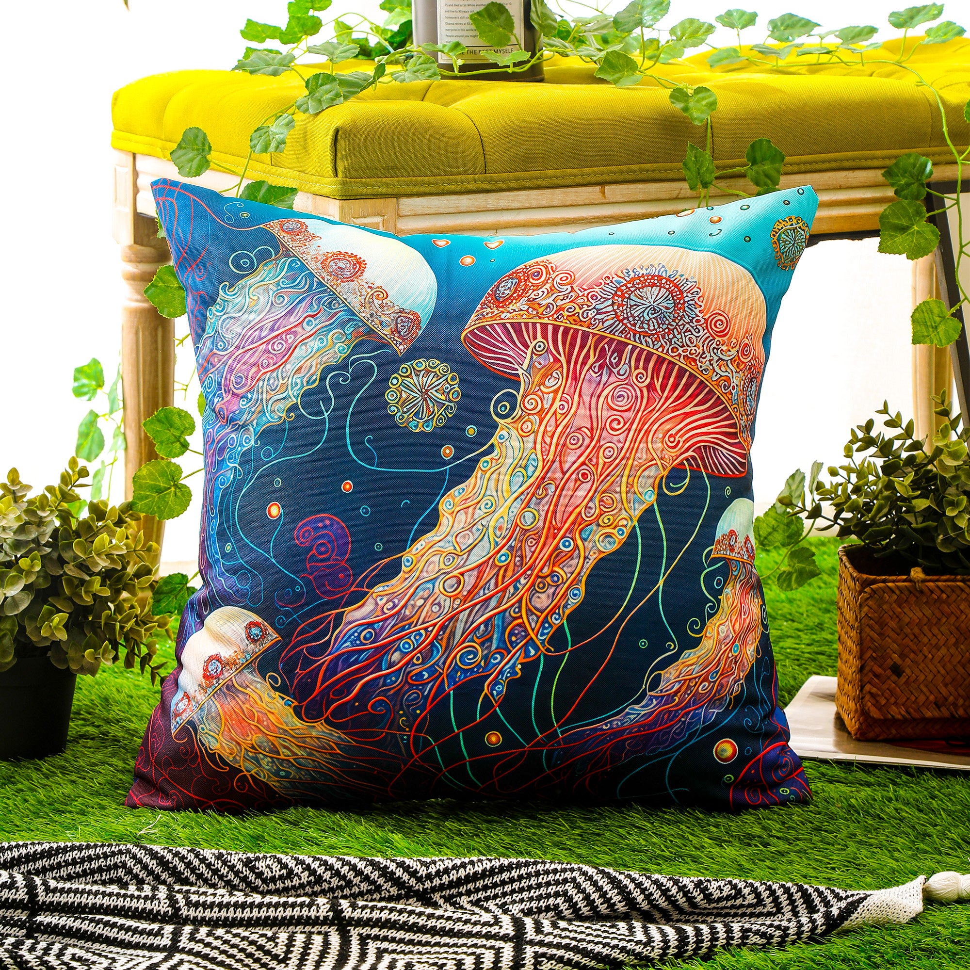 Coastal-style water-resistant cushion covers for garden, balcony, and poolside seating