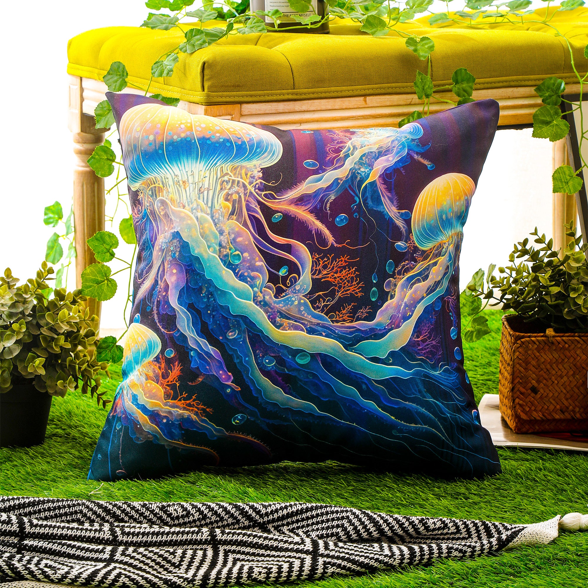 Stain-resistant marine-themed cushion covers for outdoor lounge and sofa seating