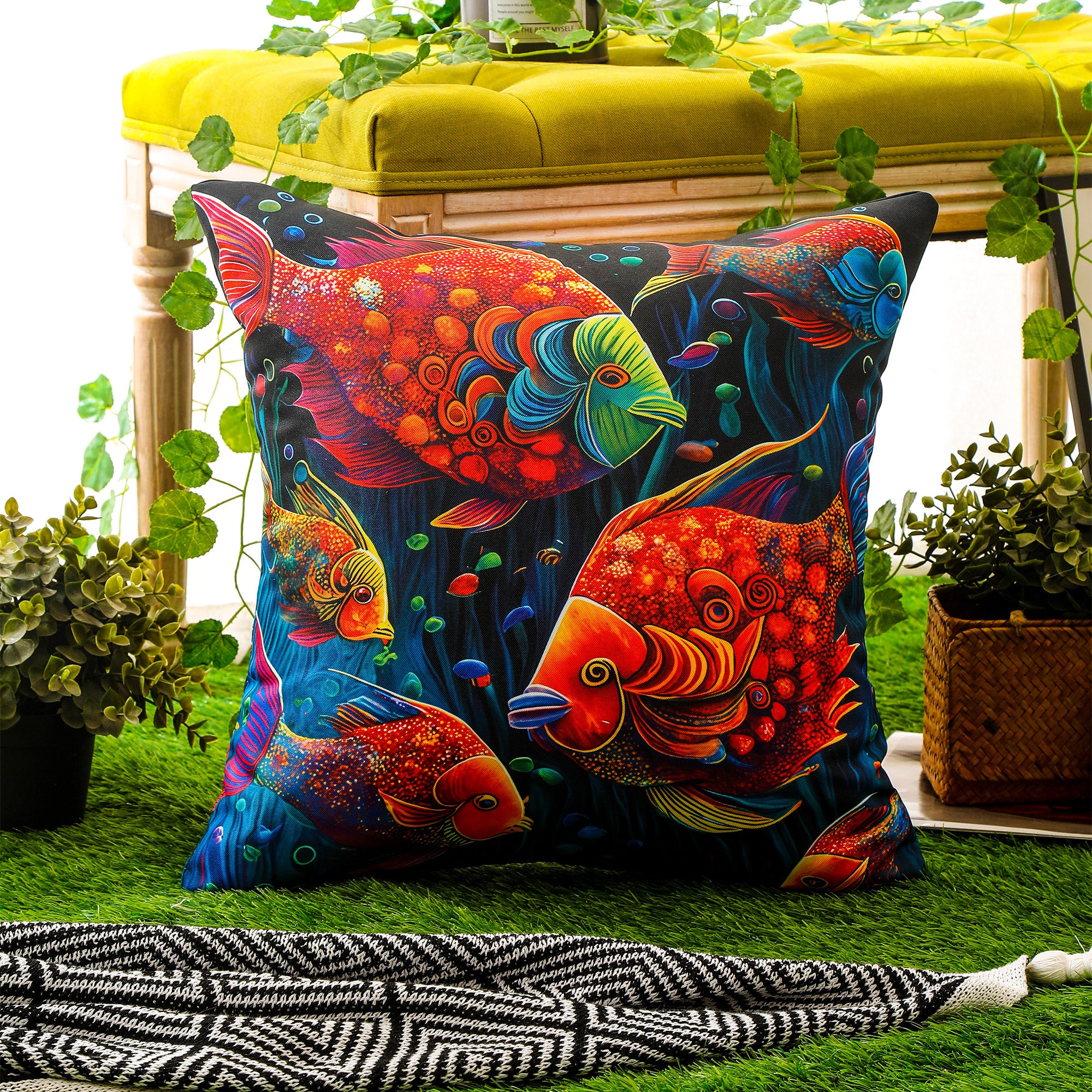 Stain-resistant marine-themed cushion covers for outdoor lounge and sofa seating