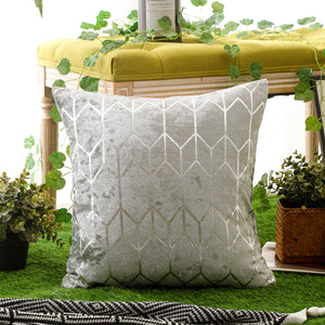 Elegant Silver Grey Velvet Pillow Cover with Shimmering Geometric Design, Square Shape, 45x45 cm