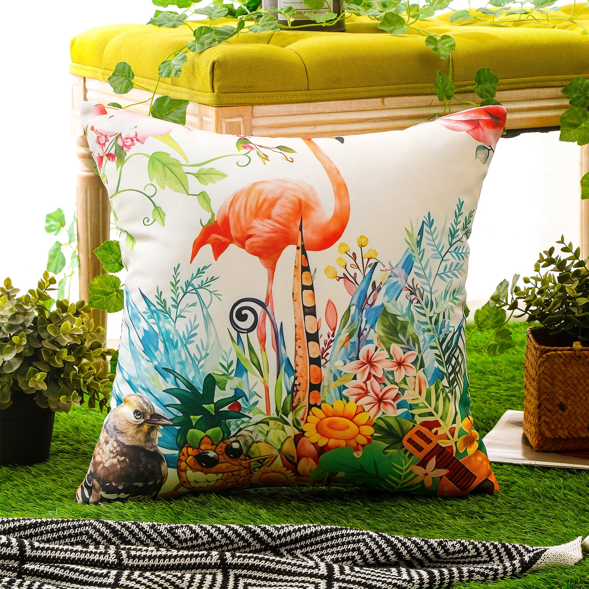 Nature-inspired bird print throw pillow cover with waterproof fabric for long-lasting use.