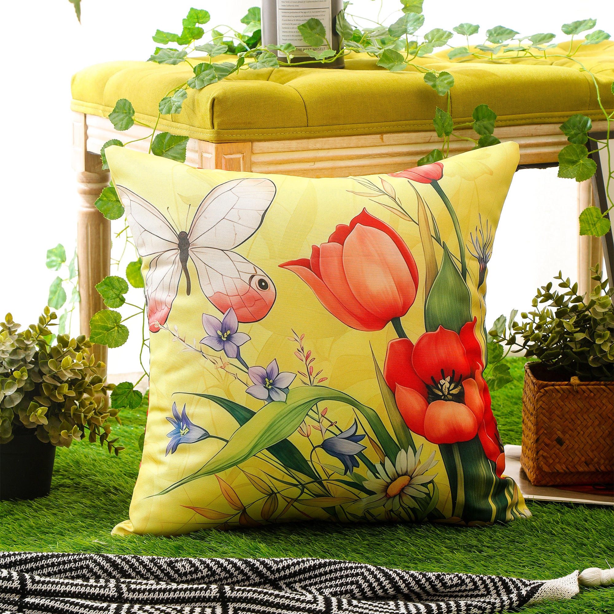 Stylish and weather-resistant flower and bird cushion cover, perfect for patios and sofas.