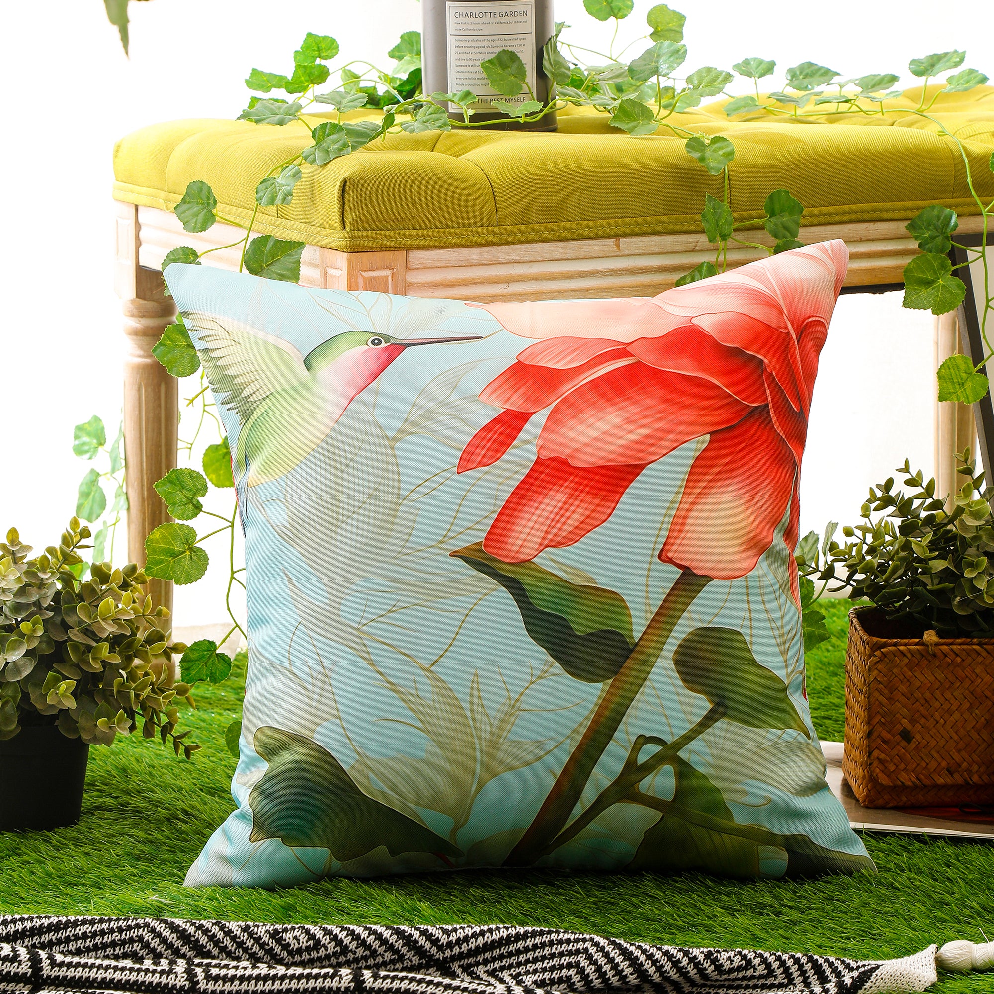 Nature-themed waterproof pillow cover featuring bright flowers and delicate birds