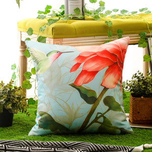 Nature-themed waterproof pillow cover featuring bright flowers and delicate birds
