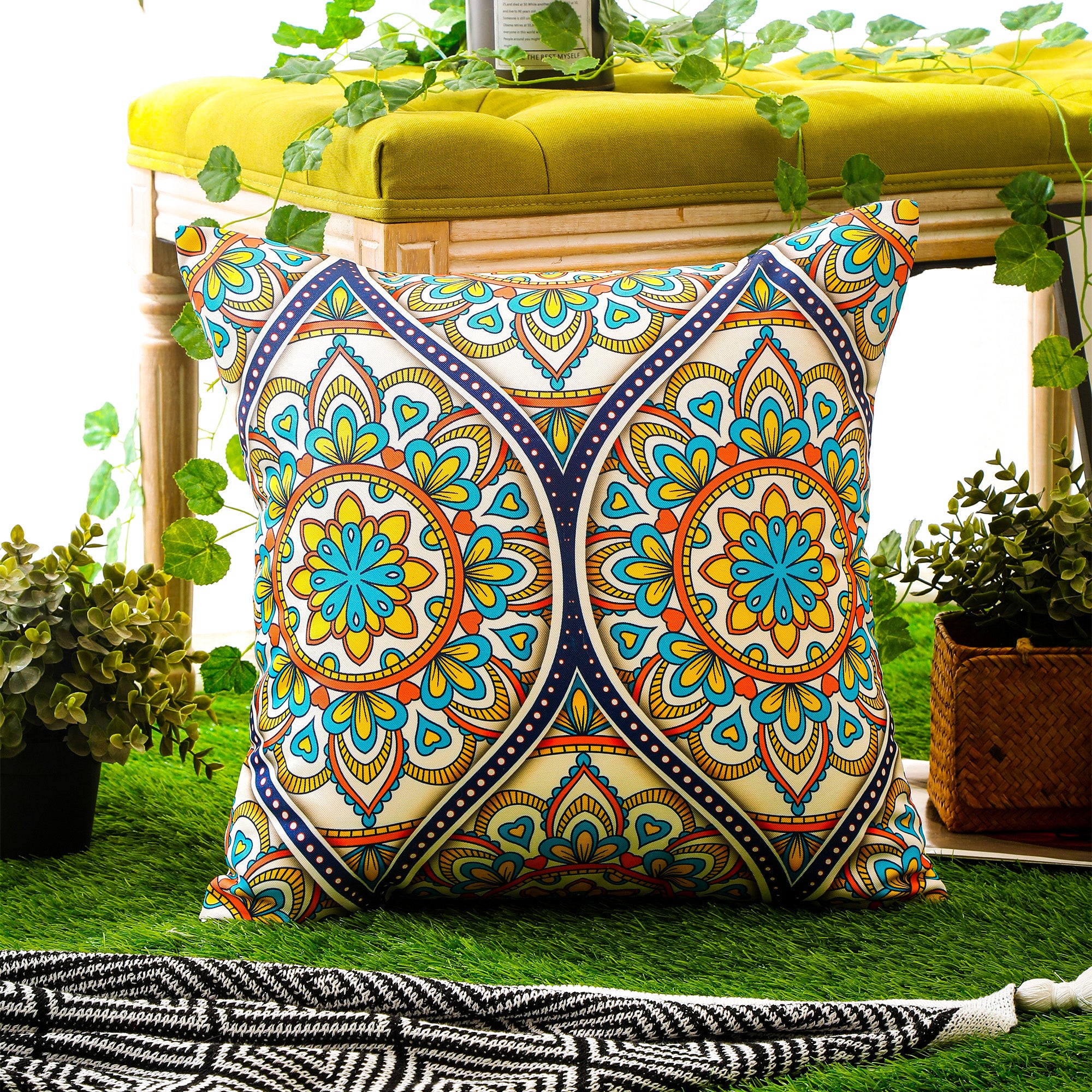 Bohemian Mandala waterproof cushion cover, 45x45 cm, vibrant design.