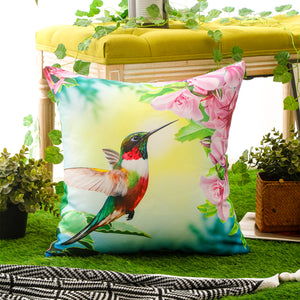 Decorative cushion cover featuring a colourful bird print, perfect for garden, patio, or home décor.