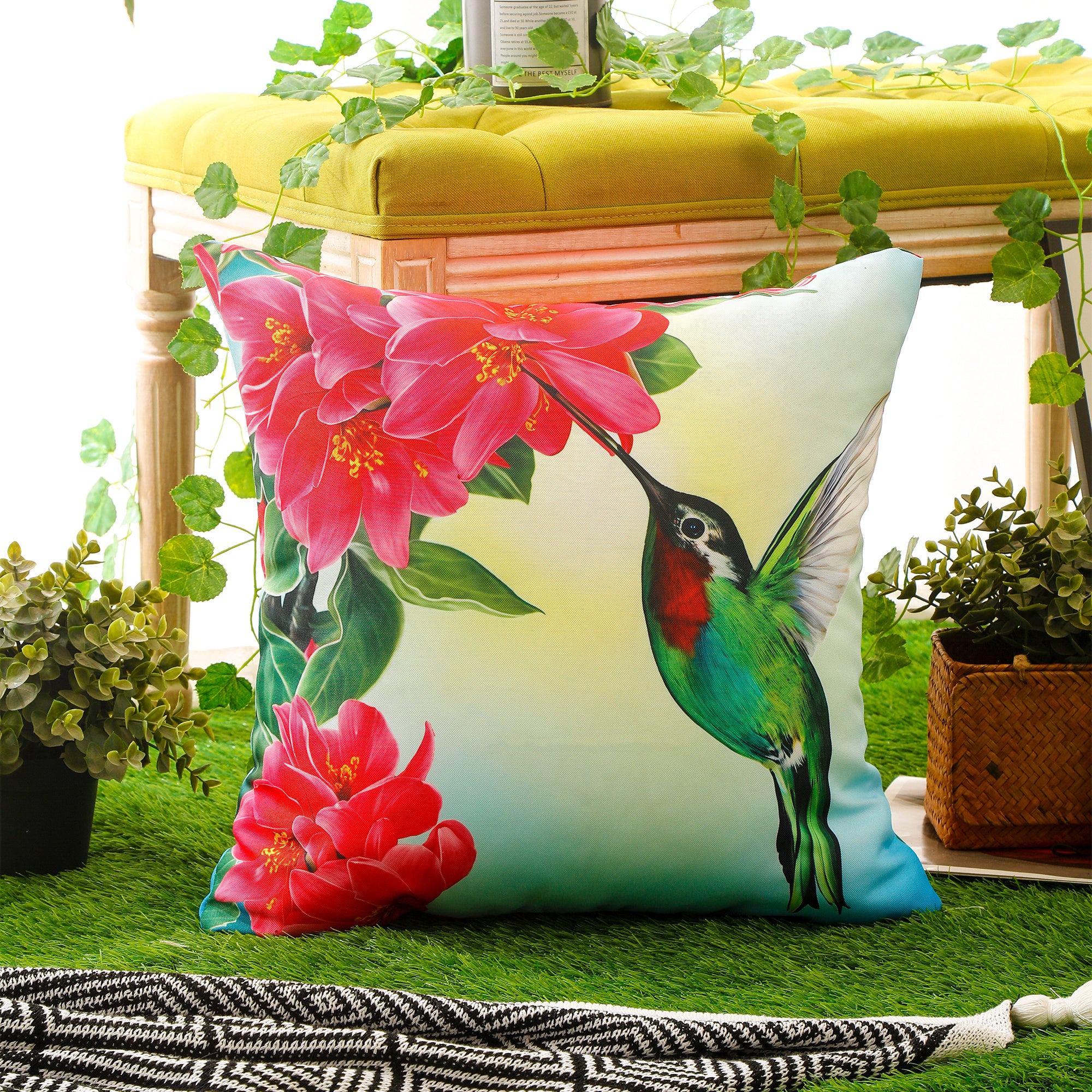 Waterproof and durable bird-themed cushion cover with bright, eye-catching colours.