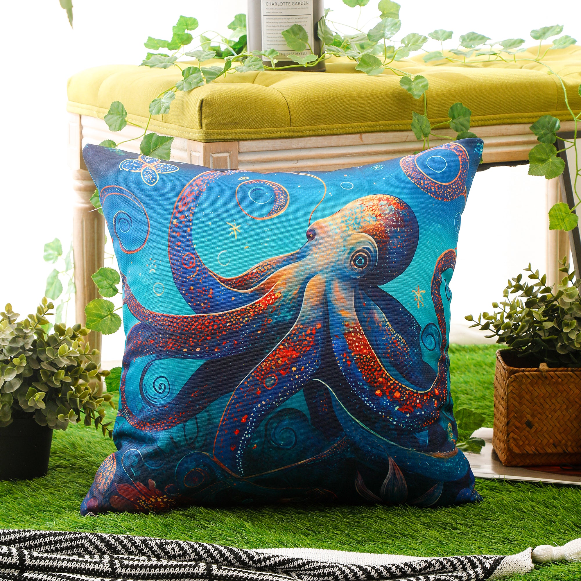 Coastal-style blue and white marine print cushion covers for outdoor seating