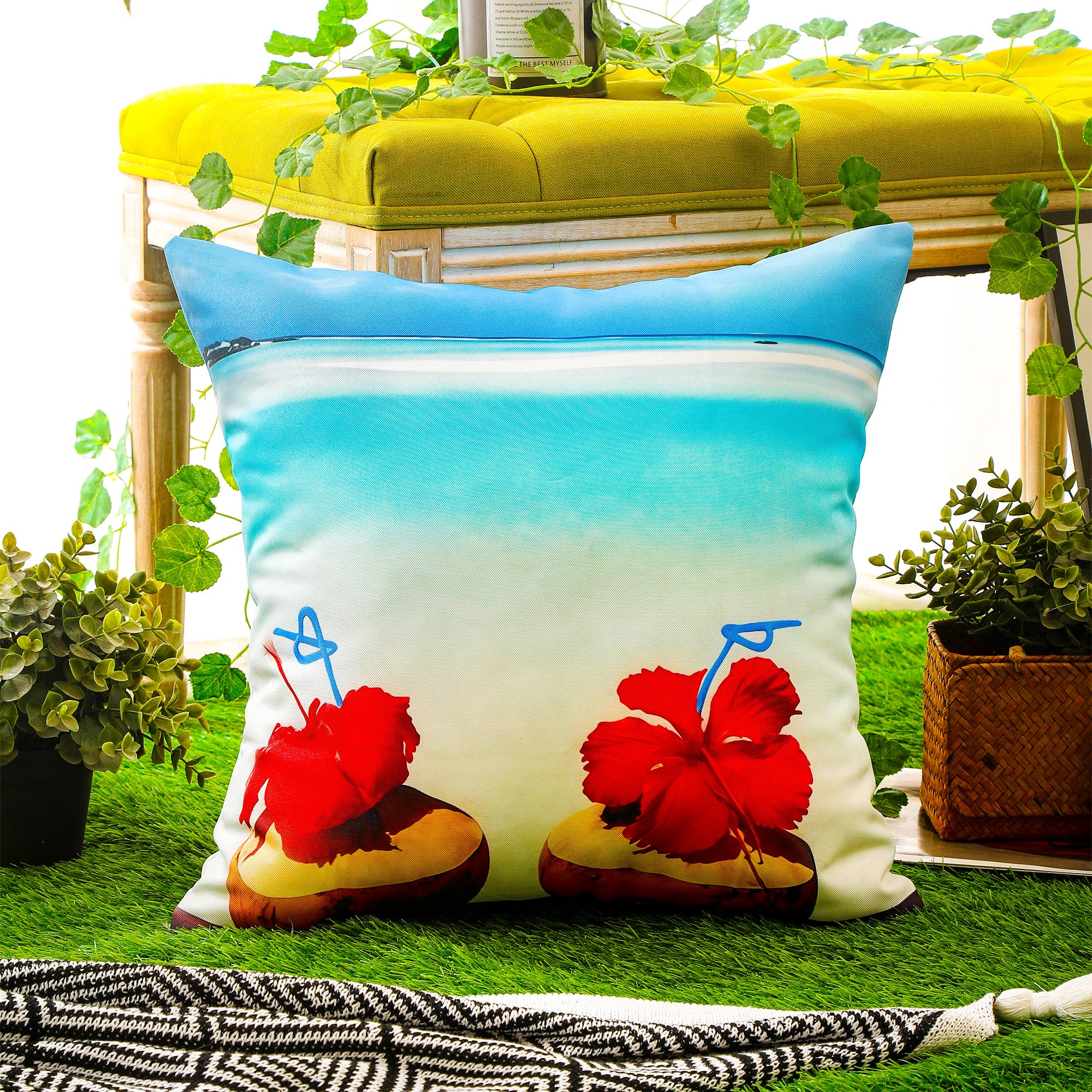 Set of 4 decorative marine print cushion covers, ideal for patios, sofas, and garden furniture.