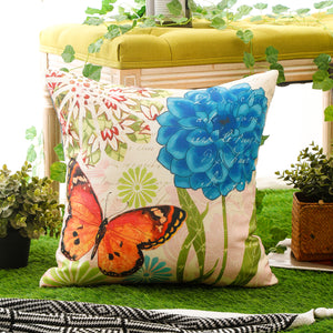 Nature-inspired cushion cover featuring vibrant flowers and delicate butterflies