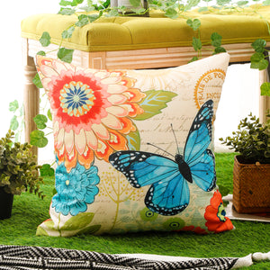Soft and weather-resistant floral and butterfly print throw pillow cover.