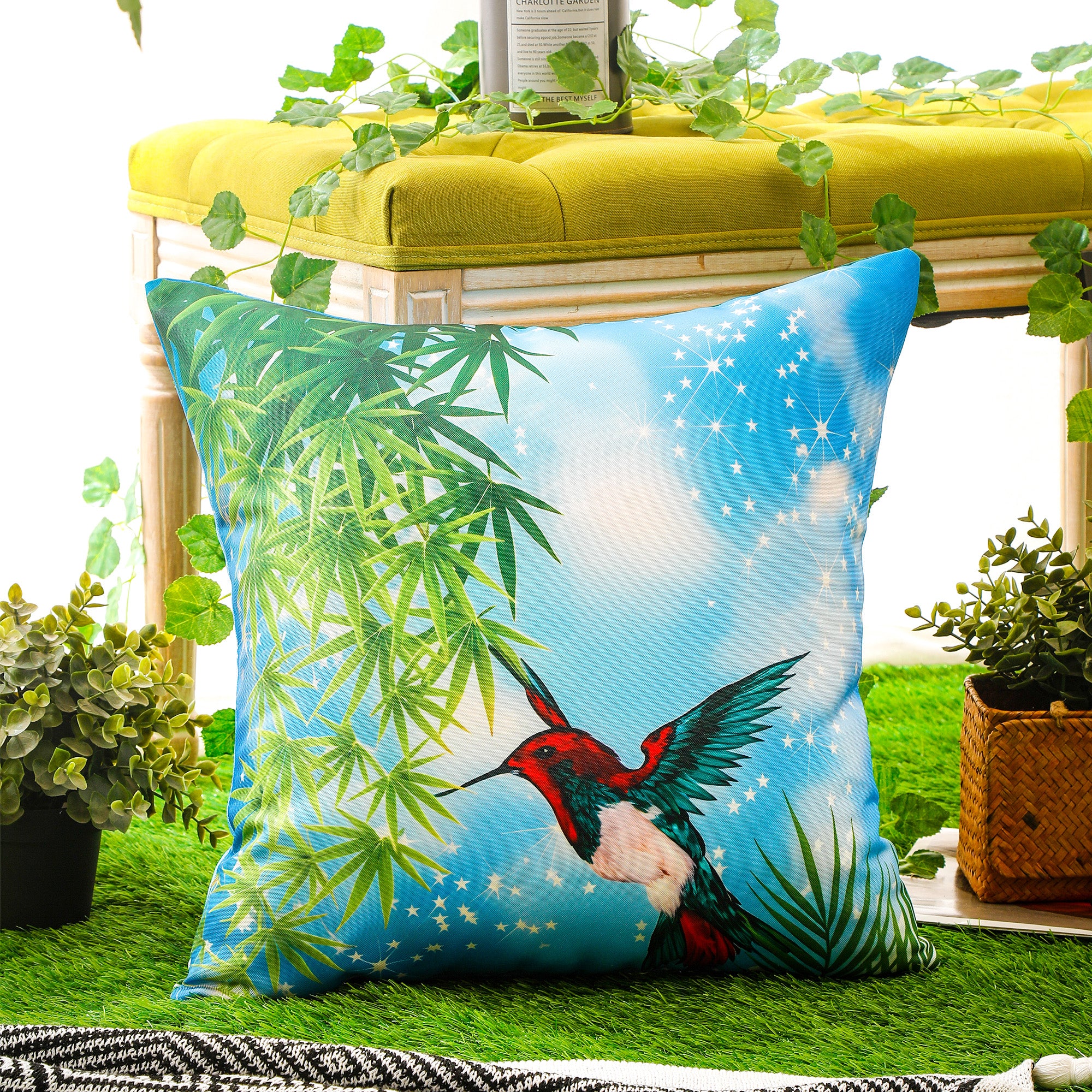 Bright and stylish bird print cushion cover set, ideal for patios, sofas, and outdoor seating.