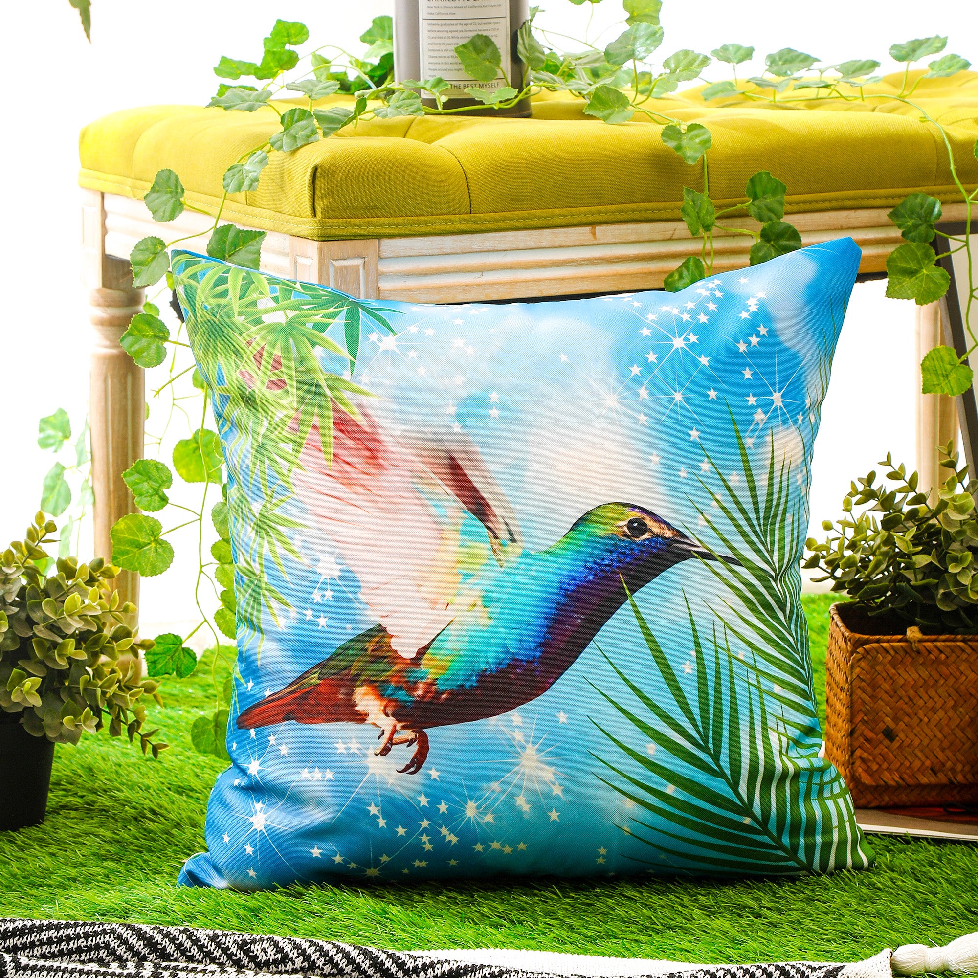Set of 4 decorative bird print cushion covers with vibrant colours and weather-resistant fabric.