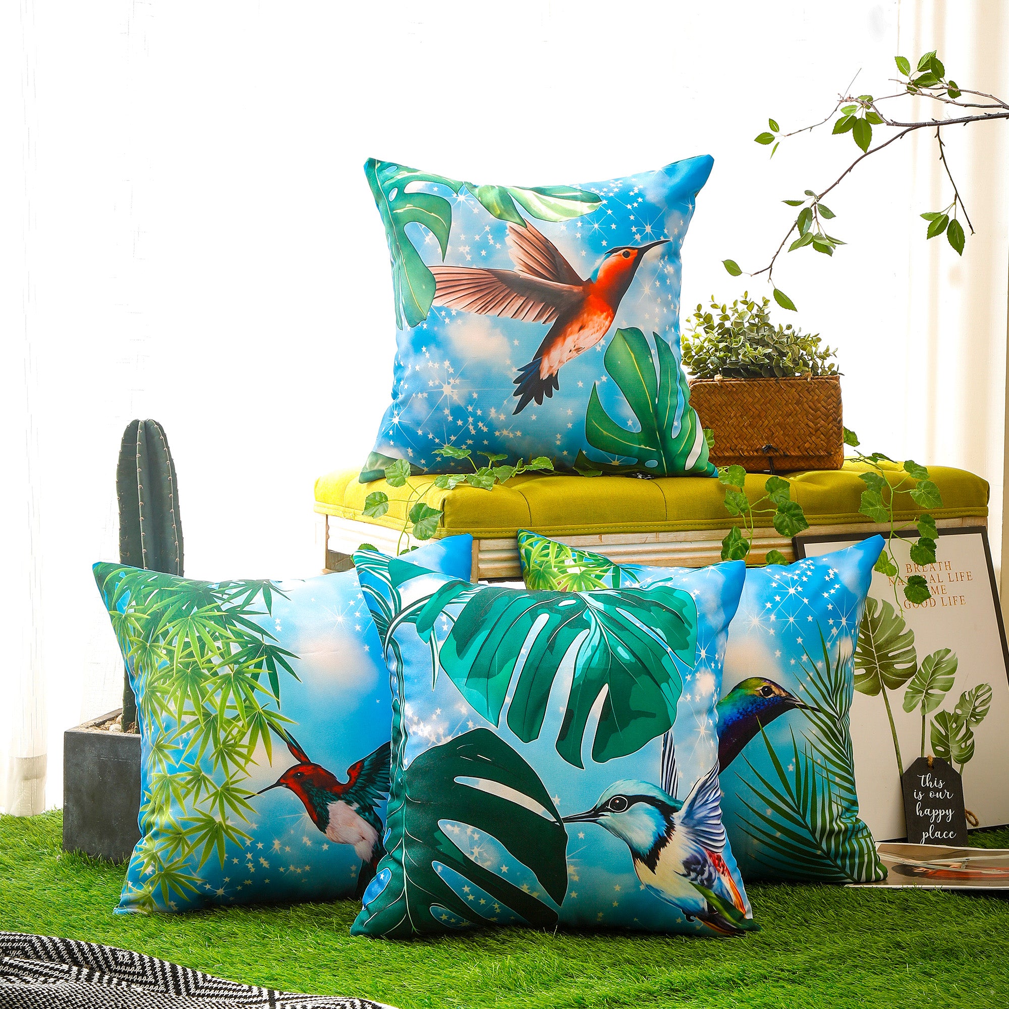 Vibrant bird-themed waterproof cushion cover set, perfect for home and garden décor.