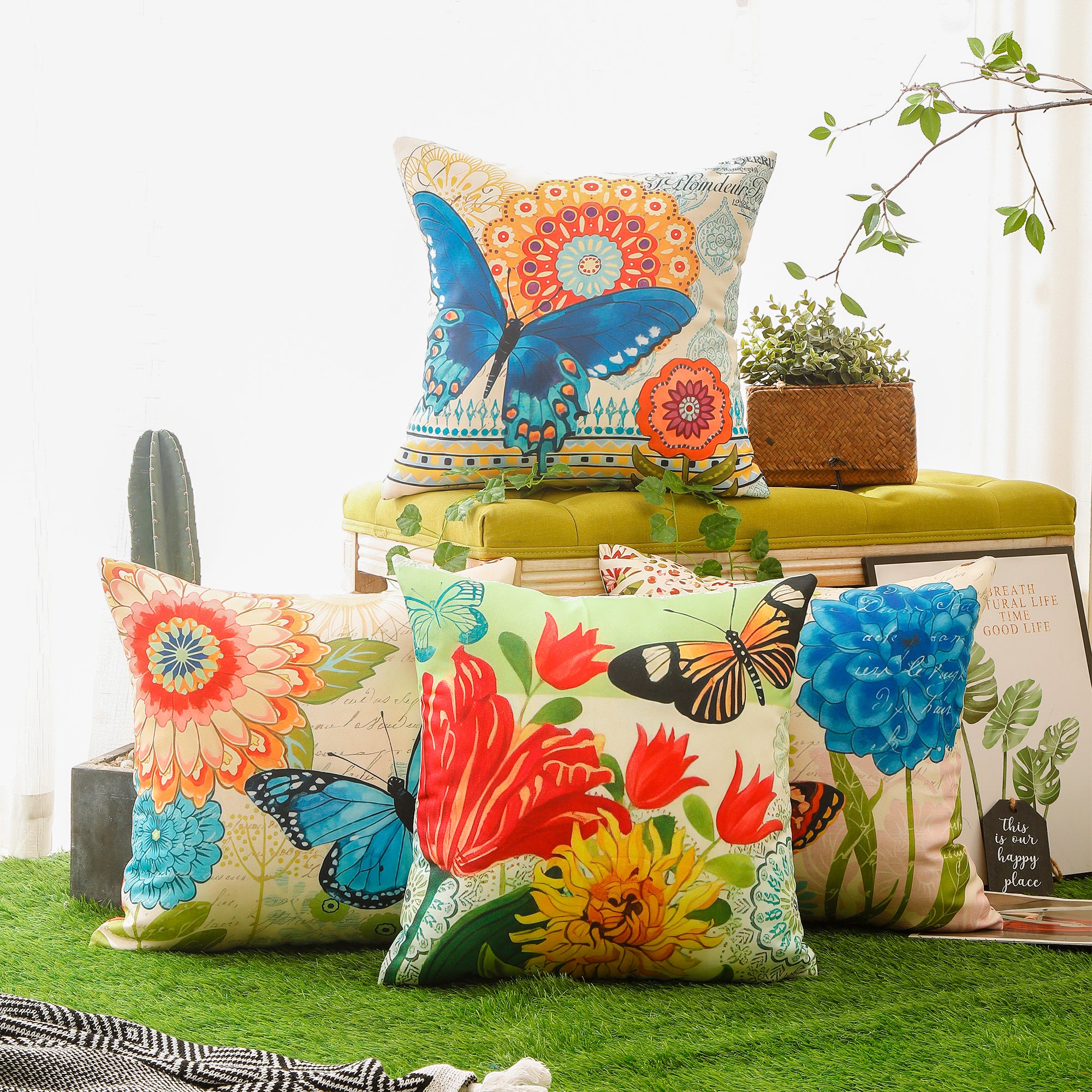 Elegant floral and butterfly-themed waterproof pillow cover for home and garden décor.
