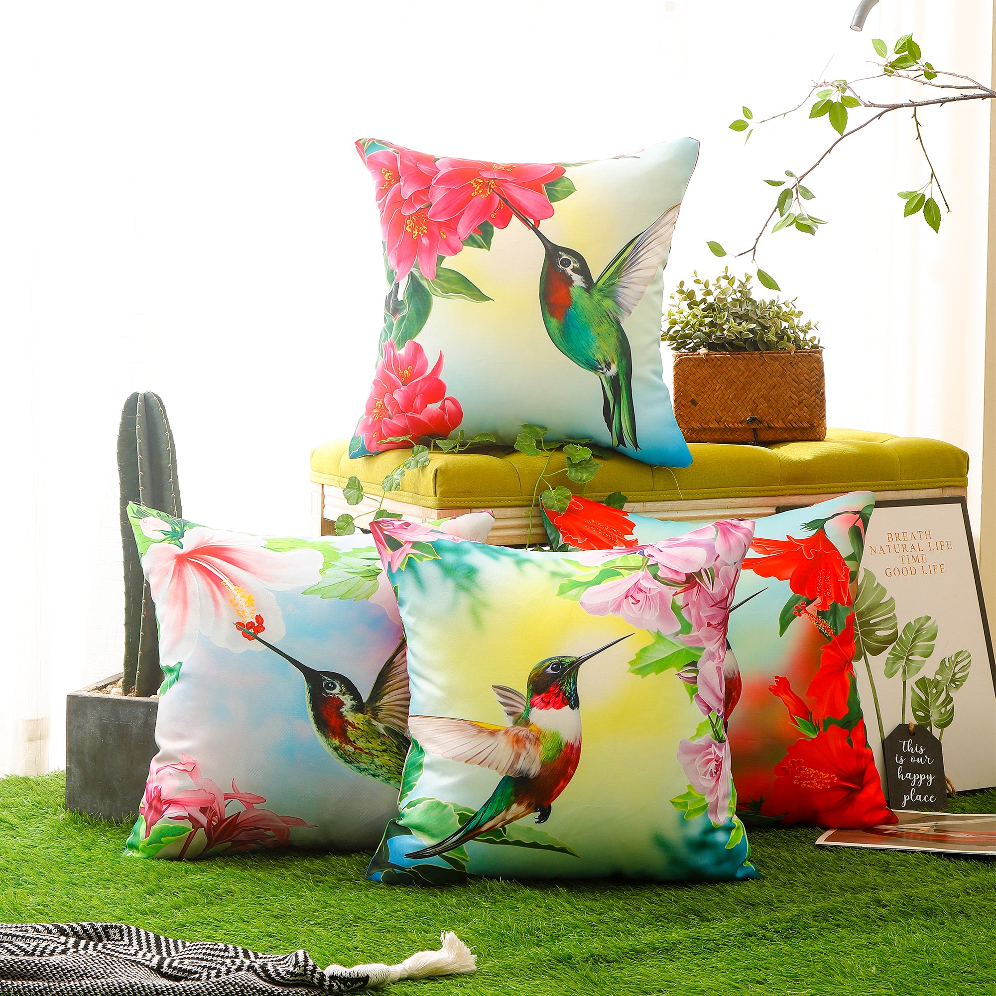 Vibrant bird print waterproof cushion cover with a nature-inspired design for indoor and outdoor use