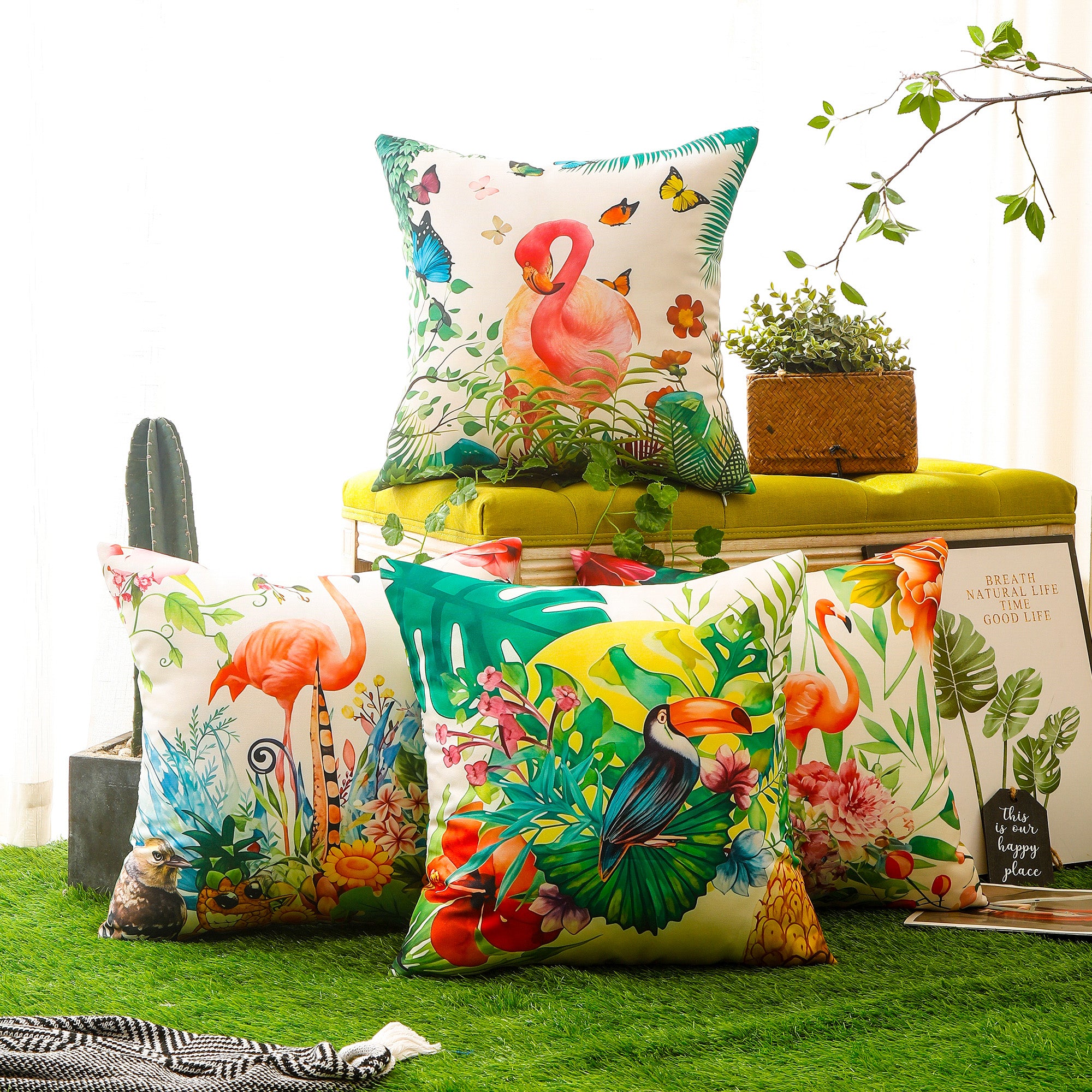 Waterproof and durable bird-themed cushion cover with bright, eye-catching colours.