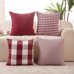 Load image into Gallery viewer, Burgundy cushion covers set of 4 with check and stripe designs on sofa

