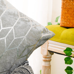 Decorative Silver Grey Velvet Cushion Cover with Metallic Geometric Design for Home Decor, 45x45 cm