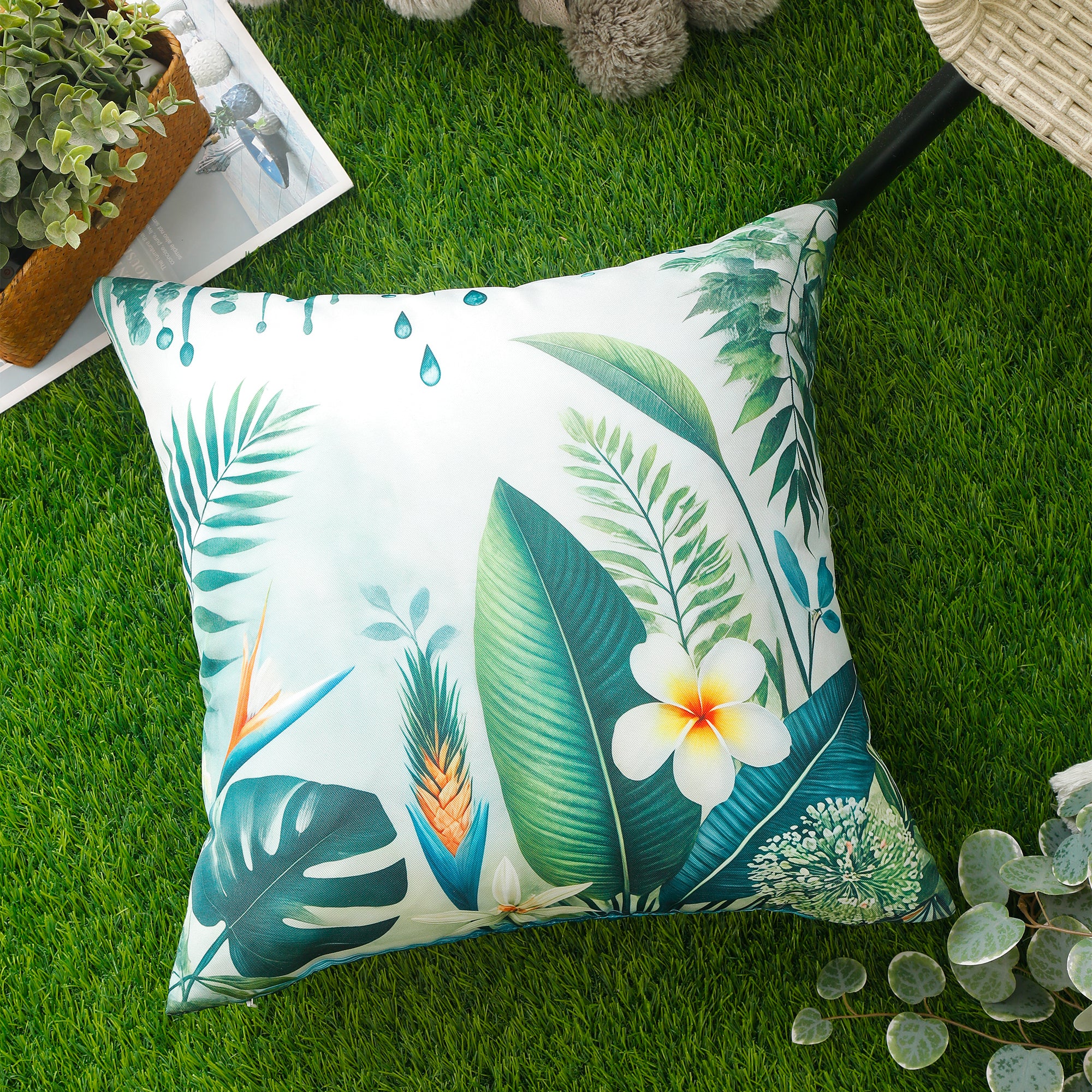 Water & Stain Resistant Floral Outdoor Cushion Cover 45x45cm Garden Décor - Design 4 (Green)