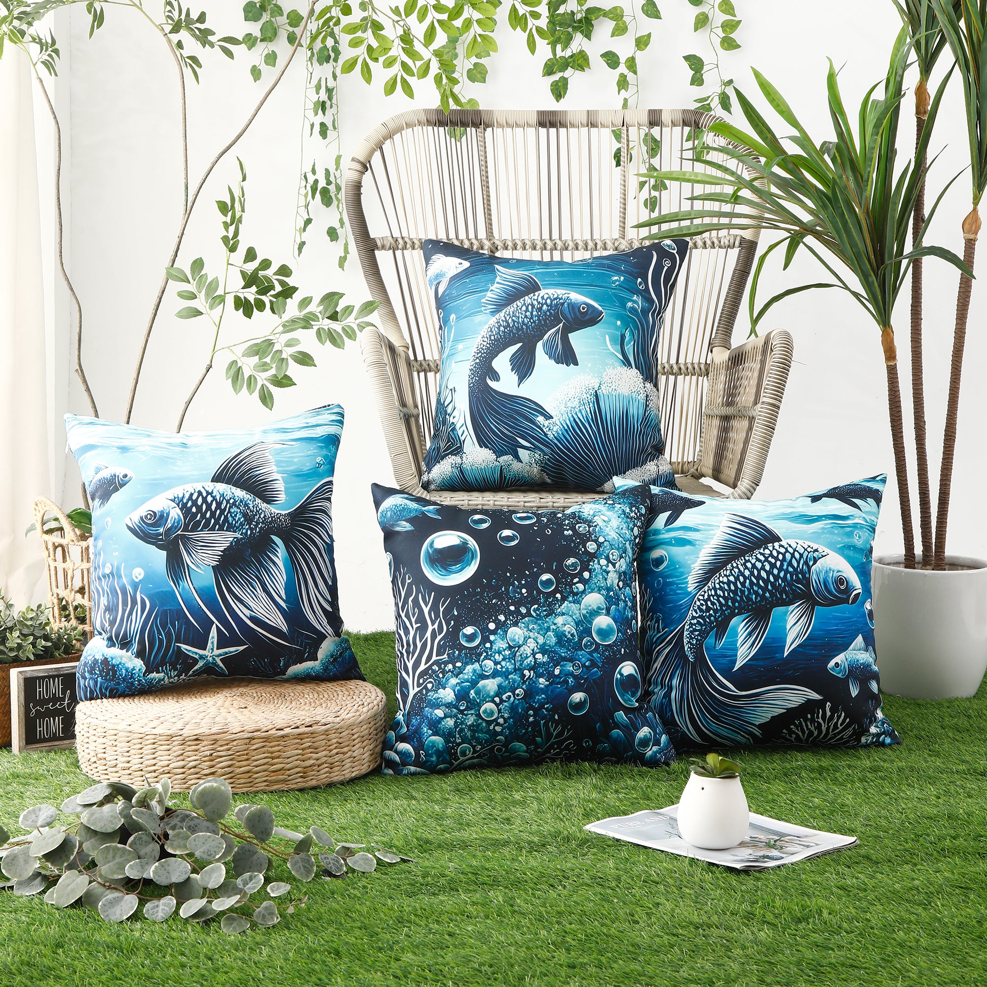 Waterproof Garden Cushion Covers - Marine-Themed Design 8 (Set of 4 - 45x45cm)