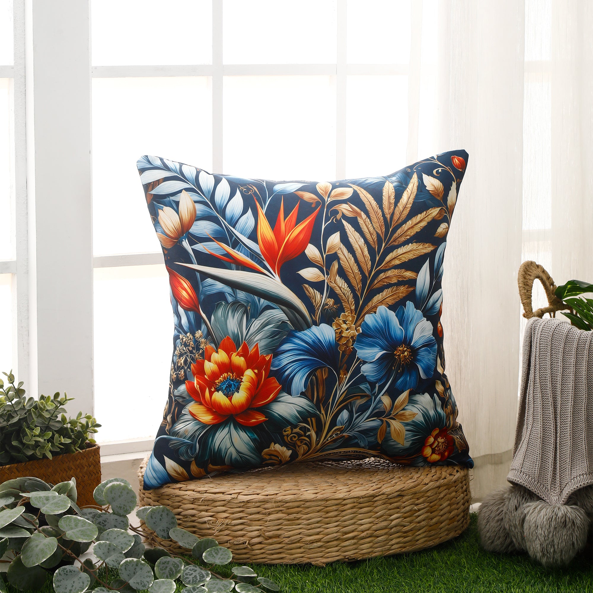 Water & Stain Resistant Floral Outdoor Cushion Cover 45x45cm Garden Décor - Design 2 (Blue)