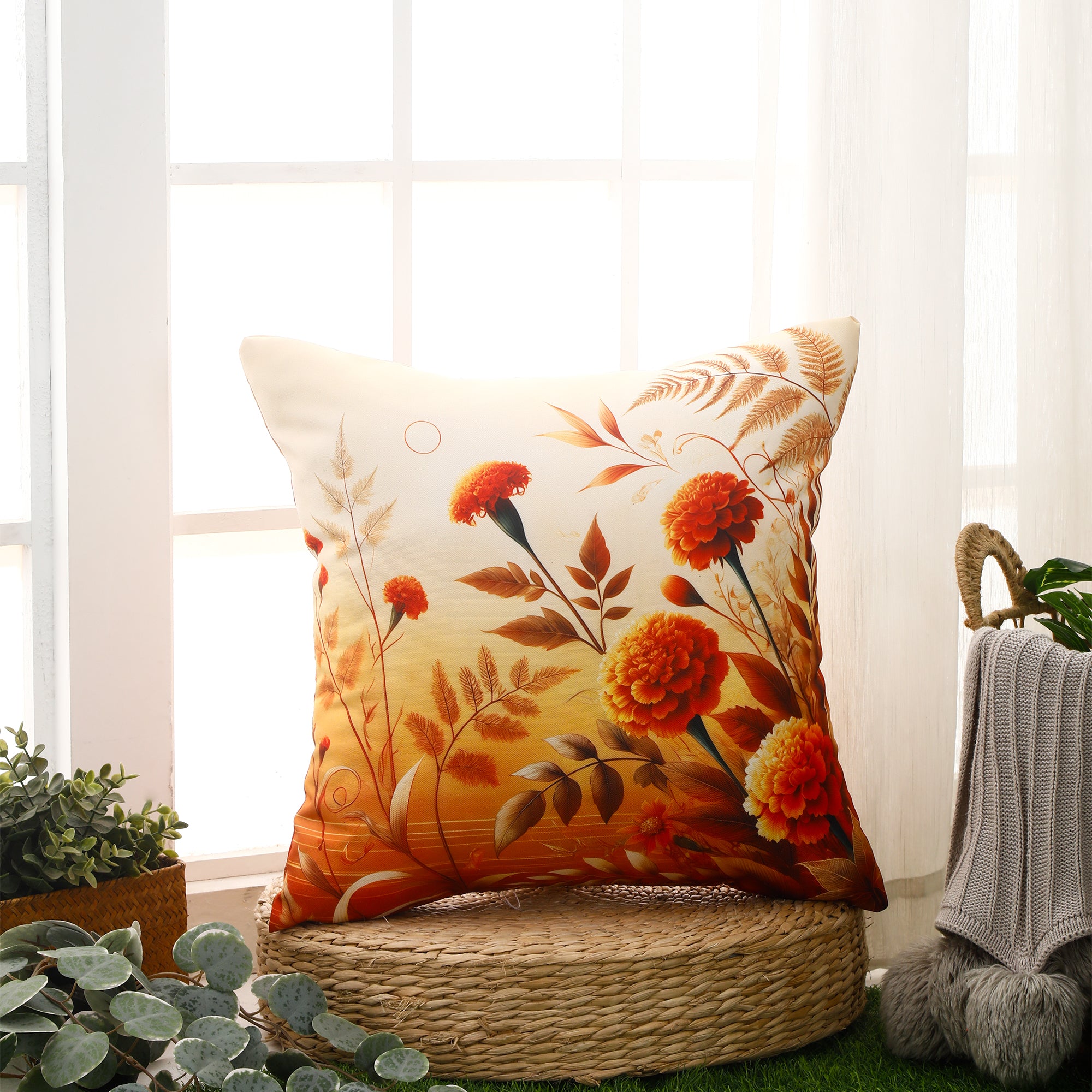 Water & Stain Resistant Floral Outdoor Cushion Cover 45x45cm Garden Décor - Design 1 (Orange)