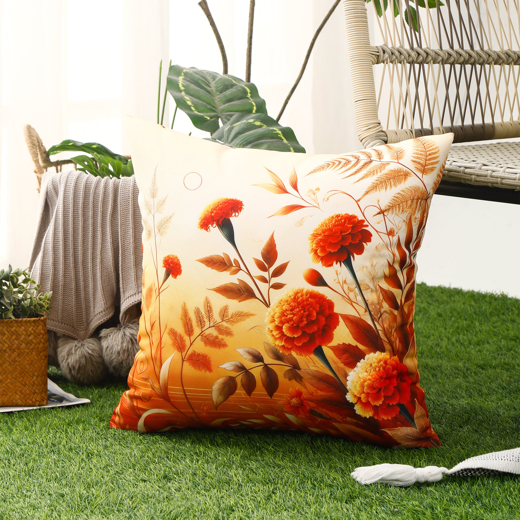 Water & Stain Resistant Floral Outdoor Cushion Cover 45x45cm Garden Décor - Design 1 (Orange)