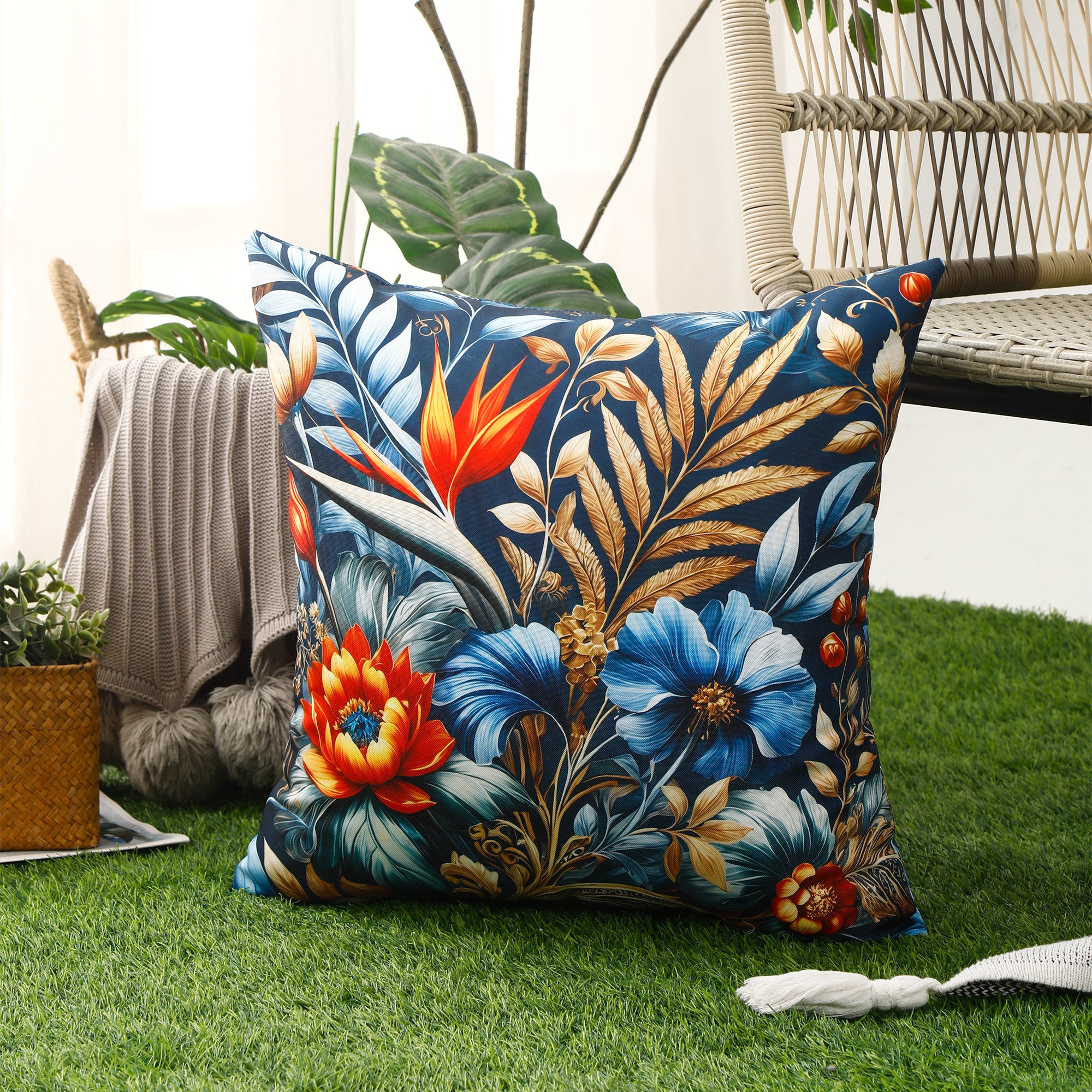 Water & Stain Resistant Floral Outdoor Cushion Cover 45x45cm Garden Décor - Design 2 (Blue)